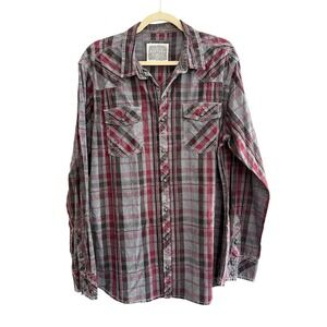 BKE Vintage Mens Plaid Long Sleeve‎ Western Shirt Gray Red XL
